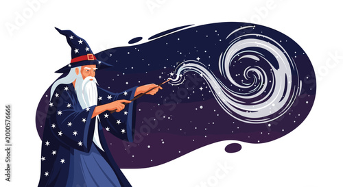 Old wizard with a long white beard wearing a blue starry robe and hat while casting a magical spell with a wooden wand in the night.