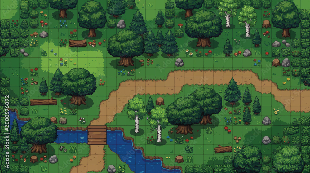 Fototapeta premium Pixel art forest game map vector, retro 16-bit RPG environment with trees and river, top-down woodland landscape for video game level design