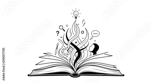 Open book emitting abstract symbols of creativity and knowledge