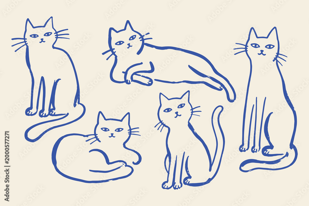 Obraz premium Cat poses set naive sketch pattern vector illustration