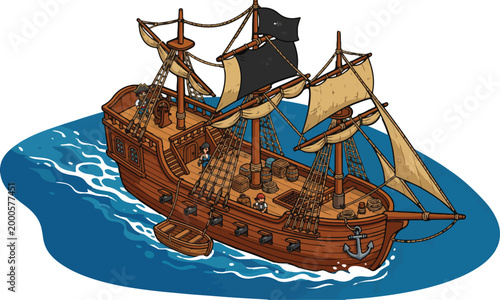 Fotografija Vintage pirate ship vector illustration, wooden sailing vessel with black sails