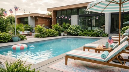Modern backyard oasis with swimming pool and American flags for holiday celebration