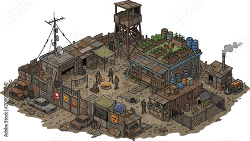 Tableau sur toile Post-apocalyptic survivor camp vector illustration, isometric wasteland base wit