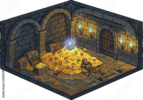 Foto Isometric pixel art dungeon treasure room, fantasy stone vault with gold coins a