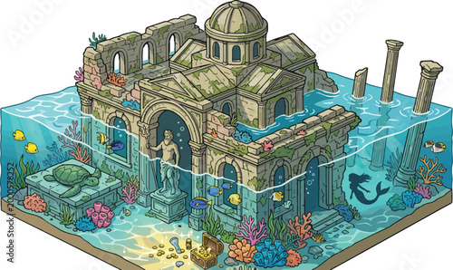 Canvastavla Isometric sunken city ruins vector, ancient underwater temple with sea turtle an
