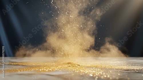 Golden powder falling against dark blue background with cinematic light rays