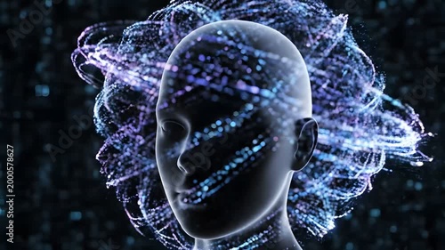 Human head silhouette with glowing digital energy rings and data particles