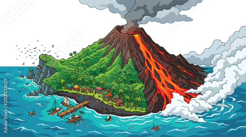 Schilderij op canvas Erupting volcano island vector illustration, tropical mountain with flowing lava