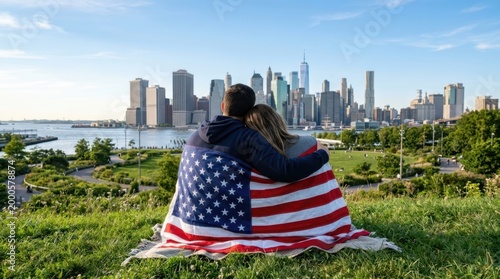 Couple wrapped in American flag enjoys scenic New York City skyline view
