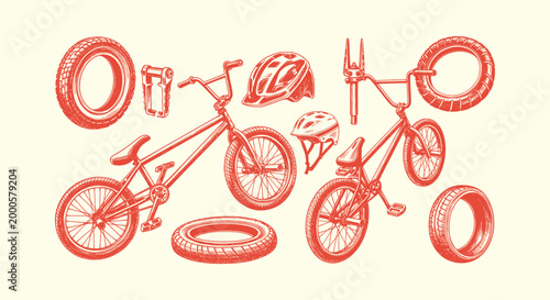 Hand Drawn BMX Bicycle Illustration Set with Tires Helmets and Spare Parts in Vintage Sketch Style.
