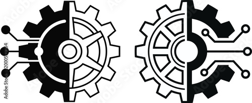 Abstract illustration combining mechanical gear teeth and digital circuit lines representing technology integration and modern industrial innovation concept artwork
