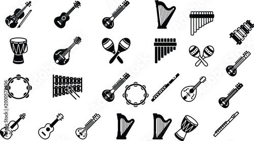 Black and white vector illustration collection featuring diverse musical instruments including guitar, violin, sitar, harp, flute, drum, tambourine, xylophone