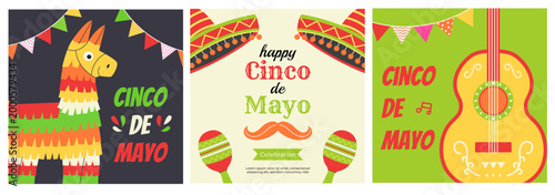 Cinco de Mayo festive poster set with pinata, guitar and maracas. Mexican holiday template greeting card, banner, invitation