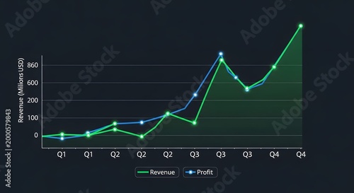 A line graph displaying quarterly revenue and profit trends over a year with green and blue lines.