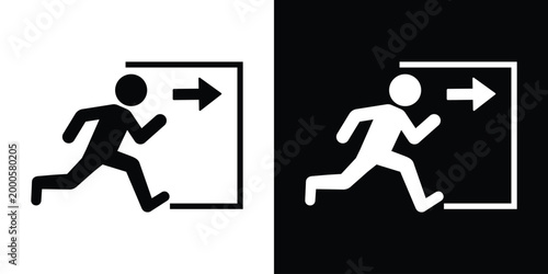 Emergency exit pictogram featuring a person running through an open doorway towards an arrow. Perfect for safety signage, building evacuation plans, and wayfinding system graphics.