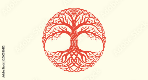 Canvas-taulu Intricate Red Celtic Tree of Life Yggdrasil Illustration with Knotwork Roots on