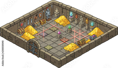 Foto Isometric pixel art dungeon treasure room, medieval stone vault with gold piles
