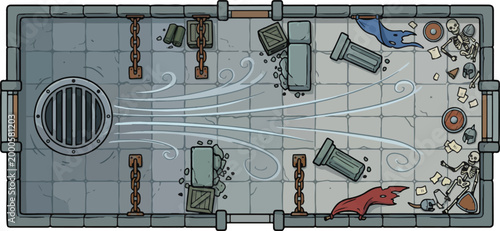 Photos Fantasy dungeon battle map vector, top down view of stone prison cell with skele