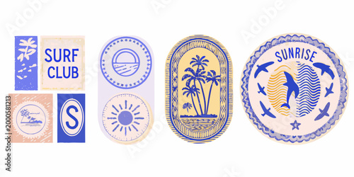 collection of seven blue and beige stamps featuring surf club sunrise and ocean themes