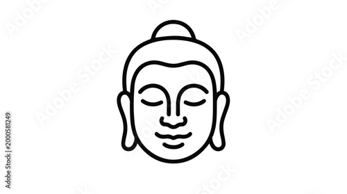 Minimalist outline illustration of a serene Buddha head icon.
