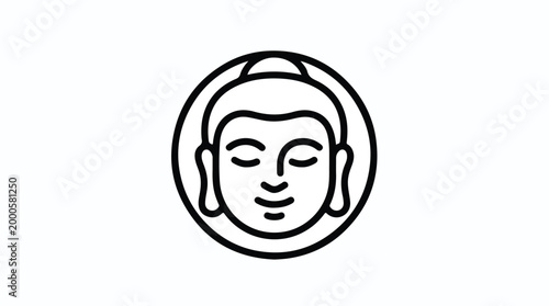 Minimalist outline icon of Buddha face in a circle.