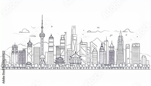 Shanghai Skyline Illustration - A Detailed Black and White Cityscape.