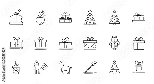 Christmas Icons Set: Gifts, Trees, Dog, Heart, Person, Pipette