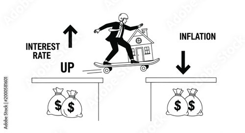 Businessman jumping gap on skateboard with house during rising interest rates and inflation