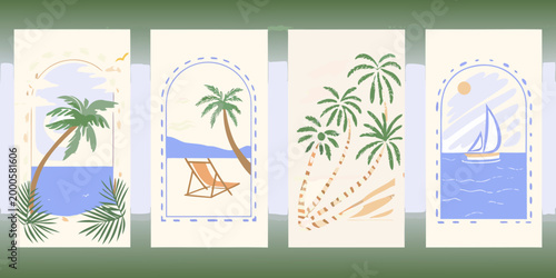 four minimalist summer themed cards with palm trees beach chair and sailboat high quality professional