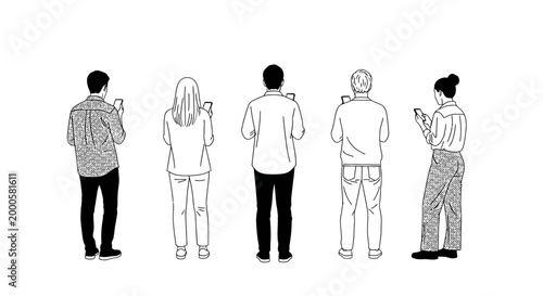 Group of people standing in a row using smartphones, minimalistic line art illustration