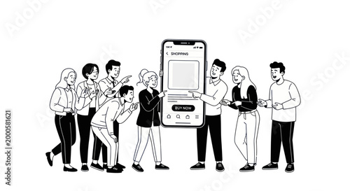 Group of people pointing at a smartphone with an online shopping application.