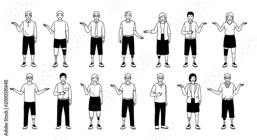 Diverse set of people with prosthetic legs in line art style for inclusive design