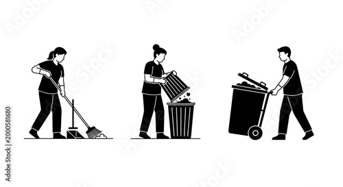 Waste management and cleaning staff silhouettes vector illustration