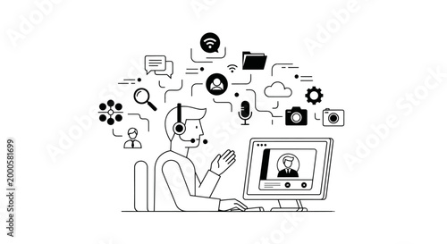 Line art illustration of a man with headset during a video conference meeting