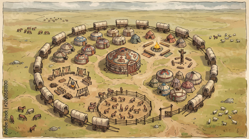 Bild auf Leinwand Nomadic yurt camp illustration, ancient central asian settlement with wagons and