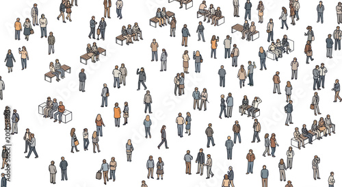 Diverse group of people in isometric style, walking and sitting.
