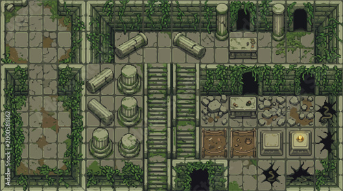 Canvastavla Pixel art dungeon tileset, retro 16-bit overgrown stone ruins for game design, a