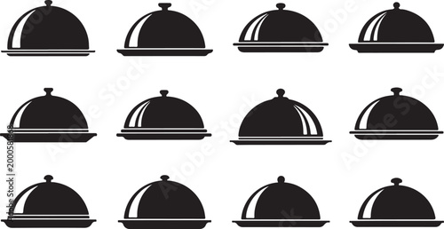 Collection of twelve black vector serving cloche illustrations