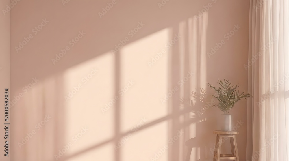 Fototapeta premium Soft Natural Light in Minimalist Room with Plants and Shadows