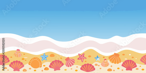 beach scene with colorful shells and starfish under blue sky high quality professional detailed modern