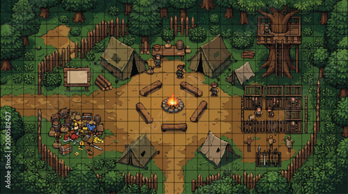 Tableau sur toile Pixel art fantasy forest camp battle map, retro RPG game environment with campfi