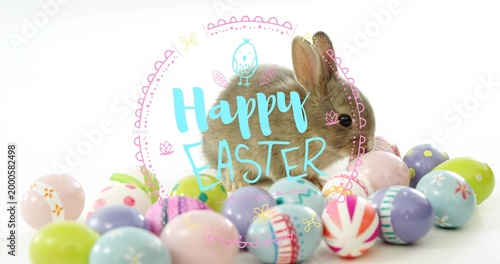 Snuggling brown rabbit among pastel eggs on white studio backdrop, Happy Easter graphic, copy space