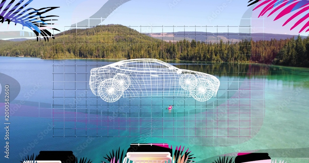 Fototapeta premium Floating white wireframe car hovering above turquoise lake, showing grid, palm fronds, pink buoy