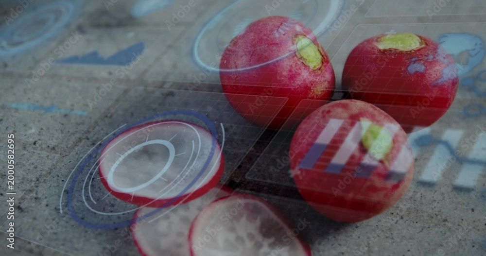 Obraz premium Displaying red radish cluster with sliced pieces on gray stone slab, with HUD overlays and droplets
