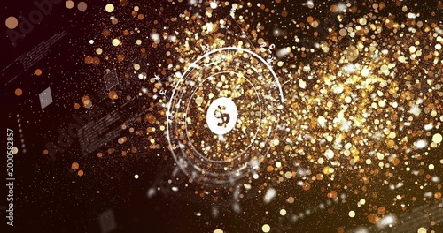 Glowing white dollar token spinning within concentric rings in data map, with golden particles