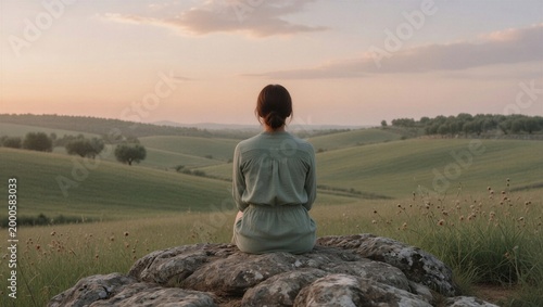 Female hiker looking at a green field