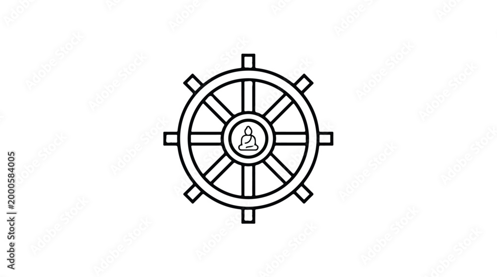 Obraz premium Dharmachakra Wheel of Dharma Symbol with Buddha Silhouette Center Line Art.