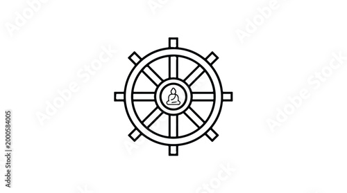 Dharmachakra Wheel of Dharma Symbol with Buddha Silhouette Center Line Art.