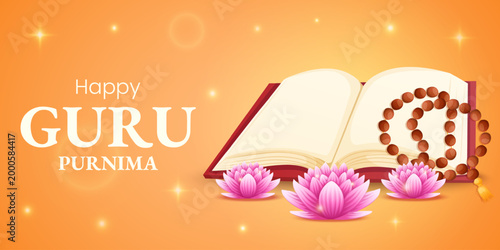 Indian festival Guru purnima celebration banner with sacred book, lotus flowers and prayer beads on glowing background. Festive promotions, spiritual campaigns and cultural branding concept.