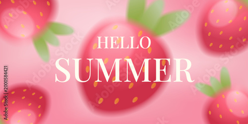 Hello summer web banner with blurred juicy strawberries on a soft pastel pink gradient background